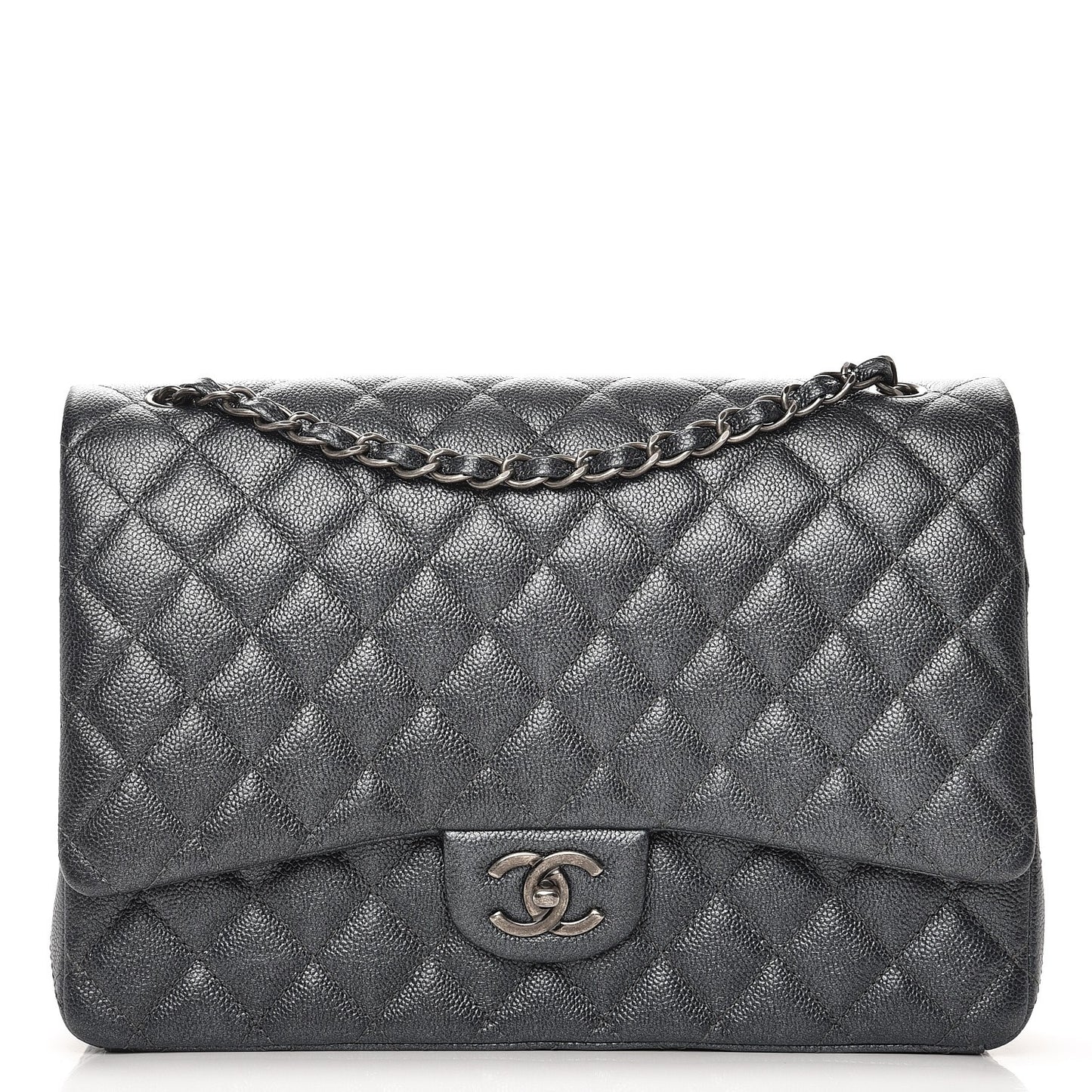 Metallic Caviar Quilted Maxi Double Flap Charcoal