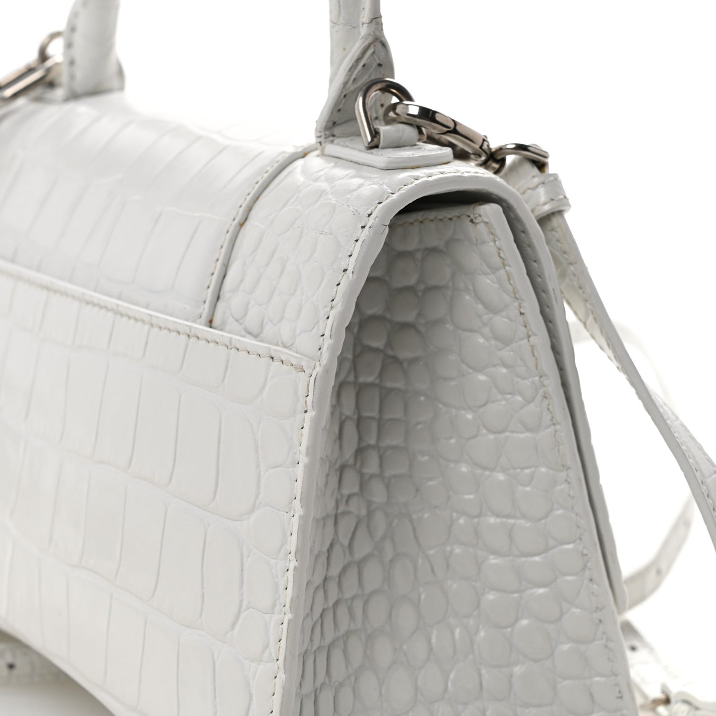 Calfskin Crocodile Embossed Small Hourglass Top Handle Bag White