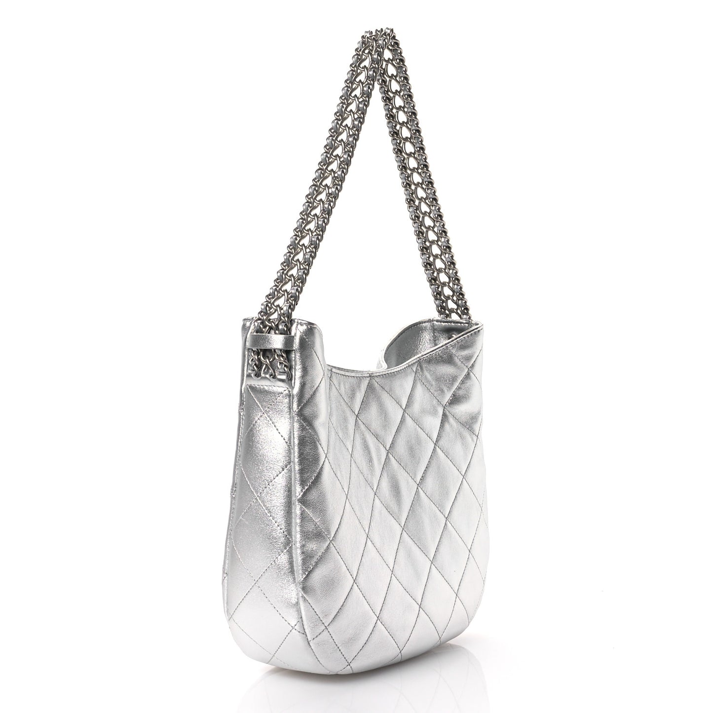 Metallic Lambskin Chain Rows Quilted Chain Hobo Silver