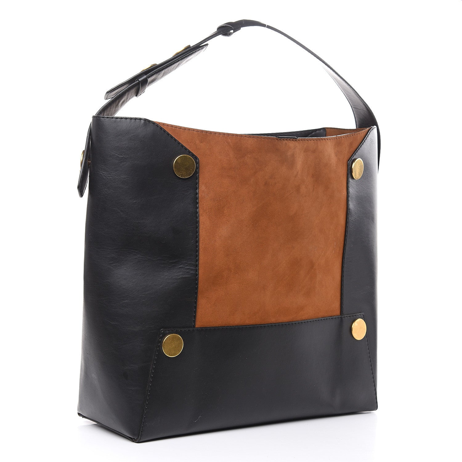 Stella McCartney Textured Eco Alter Nappa Suede Studded Large Bucket Bag Black Tan 3 of 18