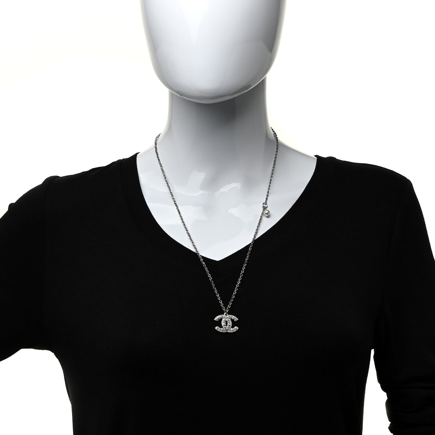 Pearl Crystal CC Pendant Necklace Silver
