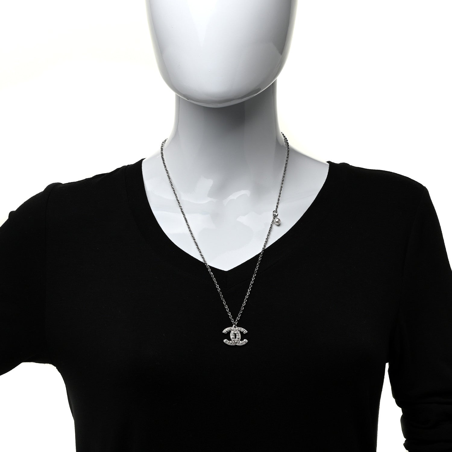 Chanel Pearl Crystal CC Pendant Necklace Silver 2 of 5