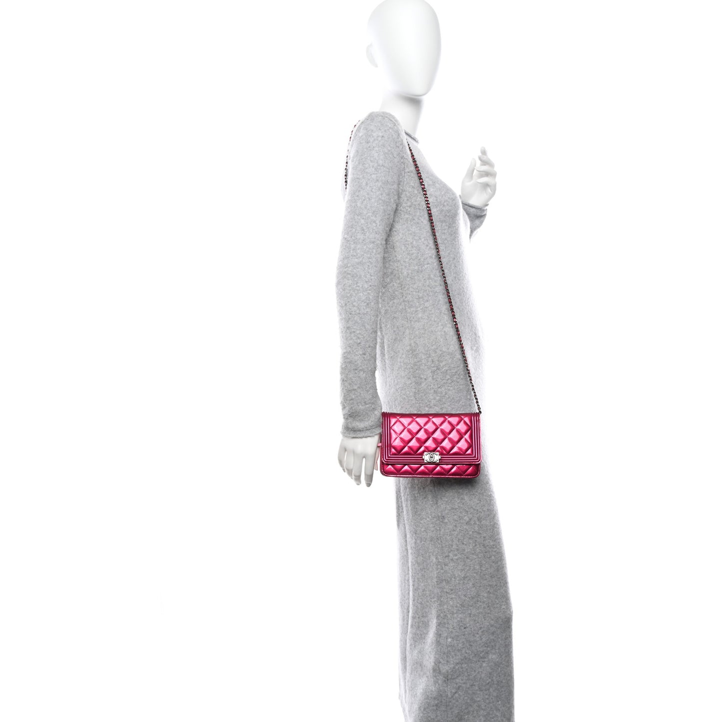 Metallic Patent Calfskin Quilted Boy Wallet on Chain WOC Fuchsia