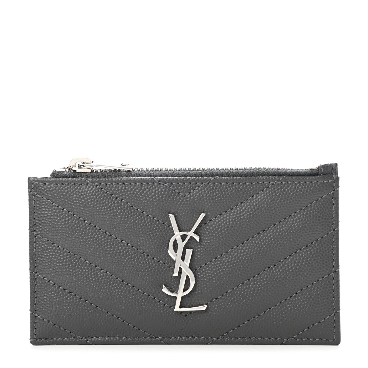 Saint Laurent Grain De Poudre Matelasse Chevron Monogram Fragments Zippered Card Case Coal 1 of 4