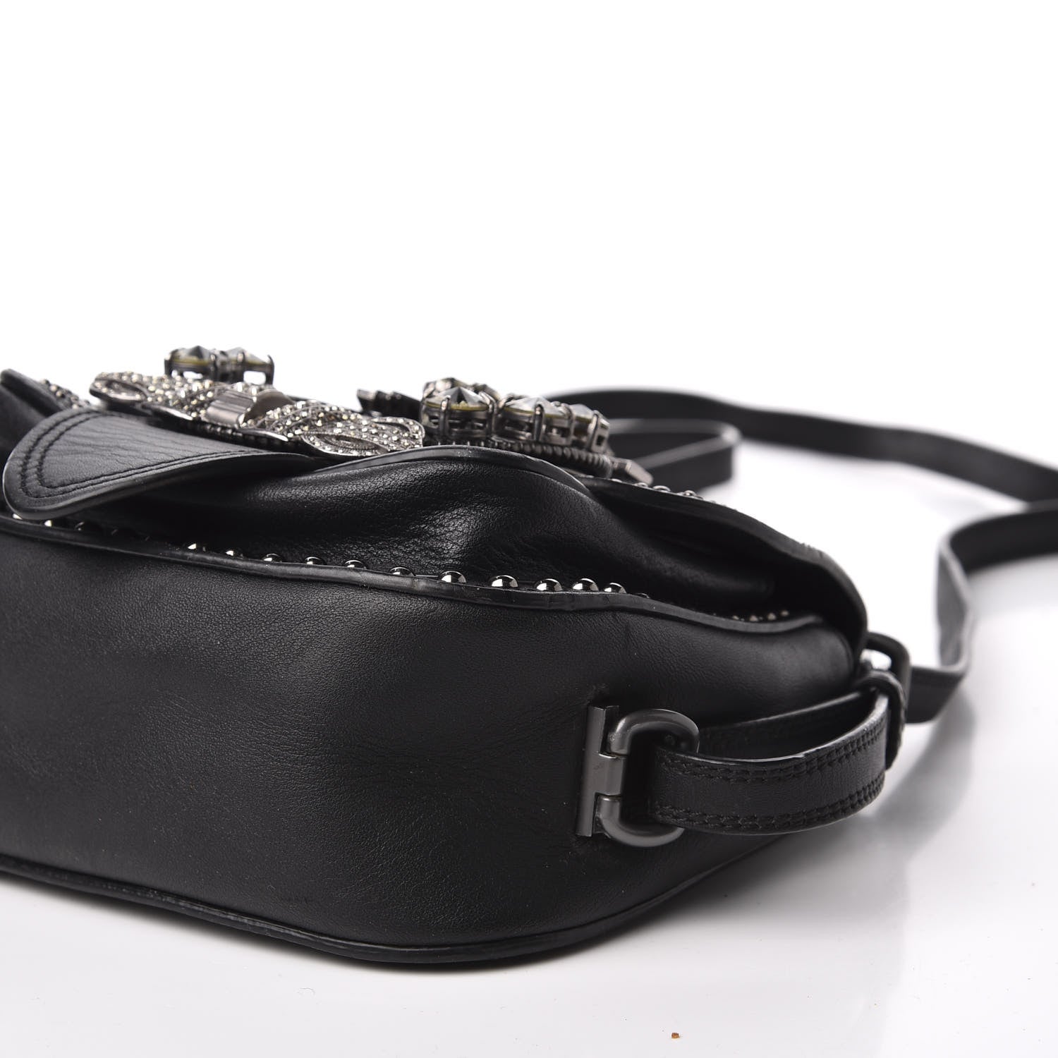 Miu Miu Goatskin Madras Soft Calfskin Crystal Embellished Dahlia Shoulder Bag Black 6 of 16