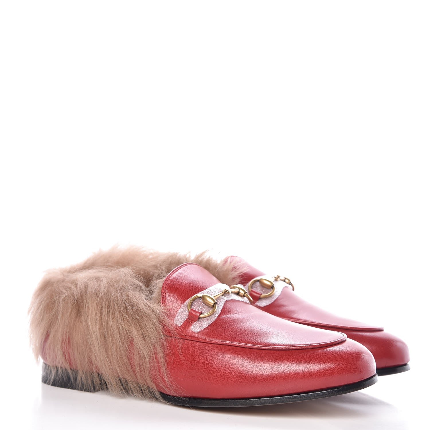 Gucci Malaga Kid Fur Womens Jordaan Loafers 37 Hibiscus Red Natural 4 of 9