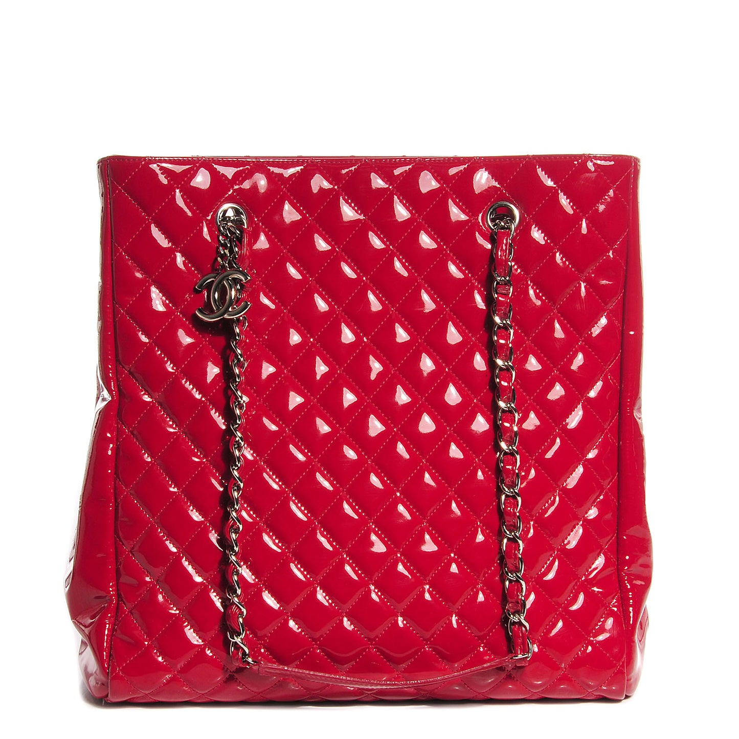 Patent Quilted Large Shopping Tote Red