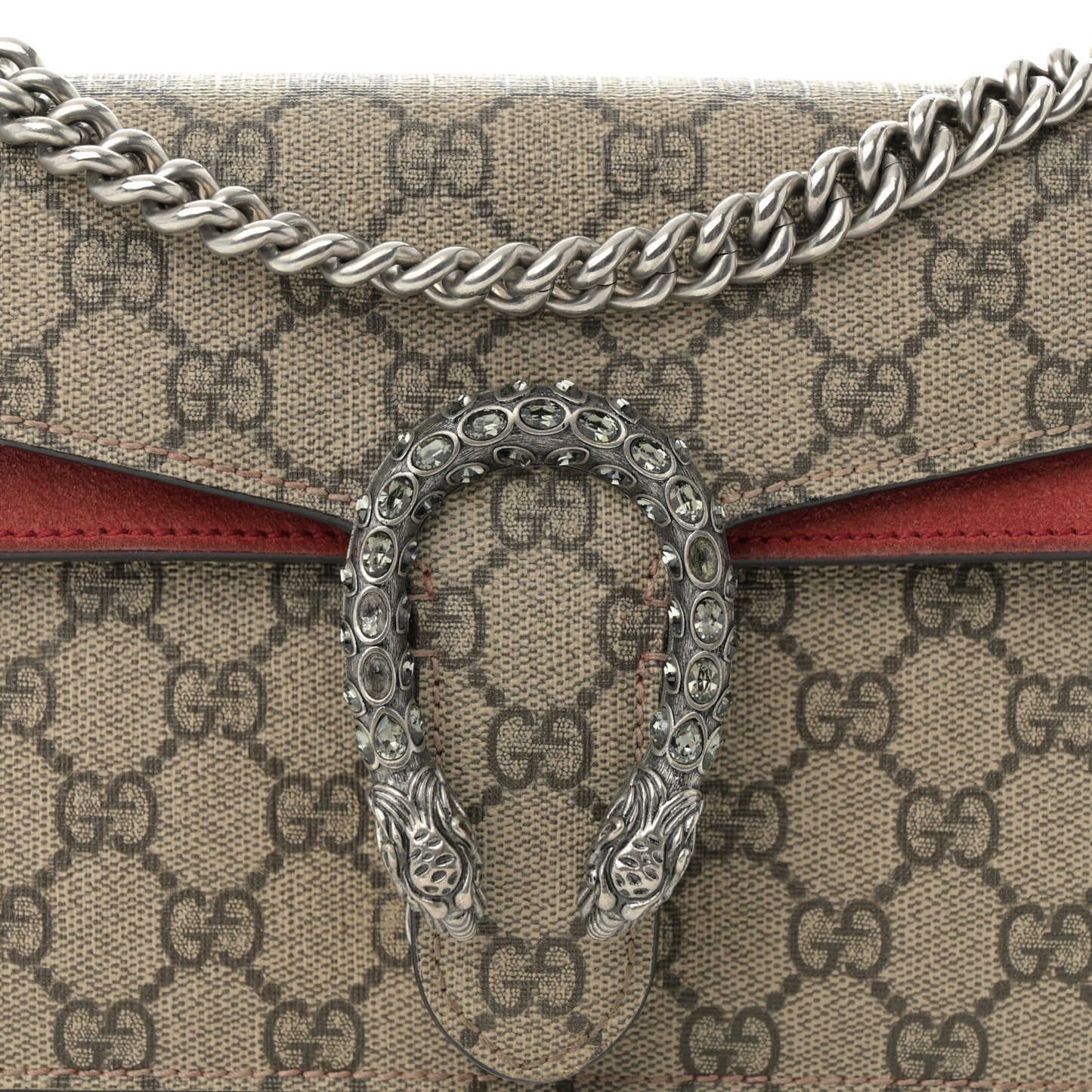 GG Supreme Monogram Suede Crystal Small Dionysus Shoulder Bag Beige Ebony Vulcanic Red