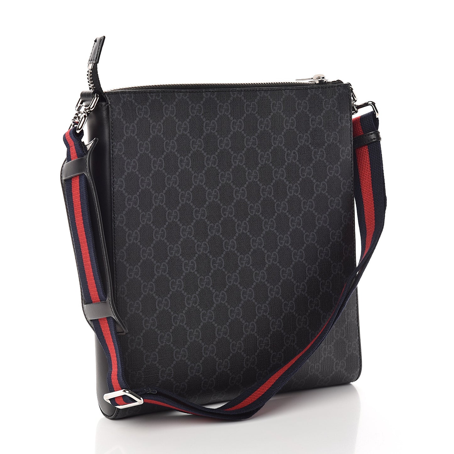 GG Supreme Monogram Appia Calfskin Web Flat Messenger Bag Black Grey