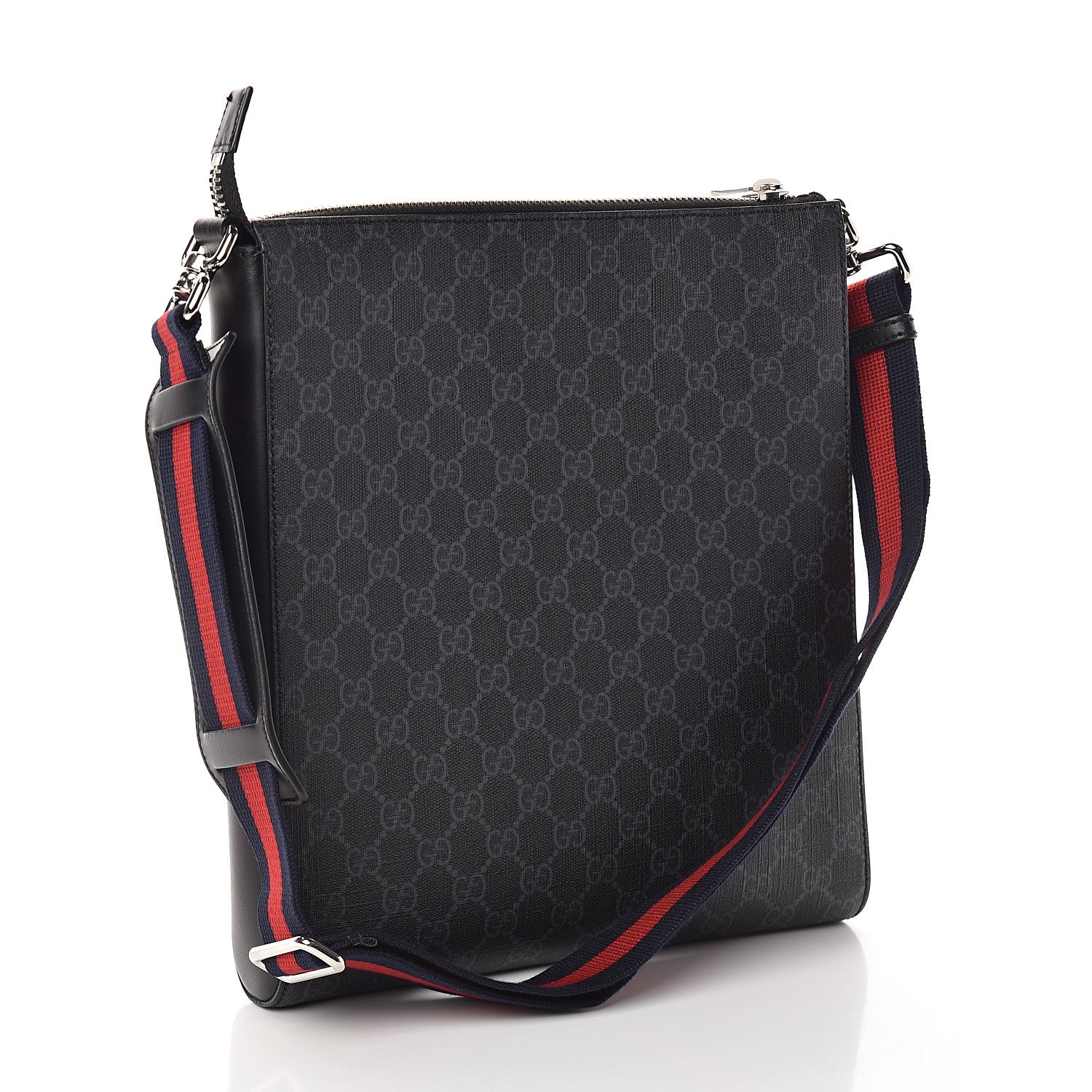 Gucci GG Supreme Monogram Appia Calfskin Web Flat Messenger Bag Black Grey 2 of 9