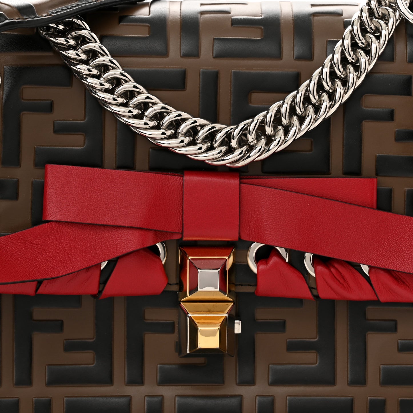 Vitello Shiny Nappa Bi-Color FF 1974 Lace Up Bow Embossed Small Kan I Shoulder Bag Maya Black Fragola