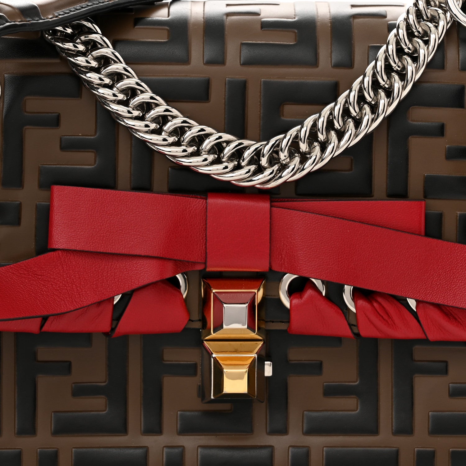 Fendi Vitello Shiny Nappa Bi-Color FF 1974 Lace Up Bow Embossed Small Kan I Shoulder Bag Maya Black Fragola 8 of 11