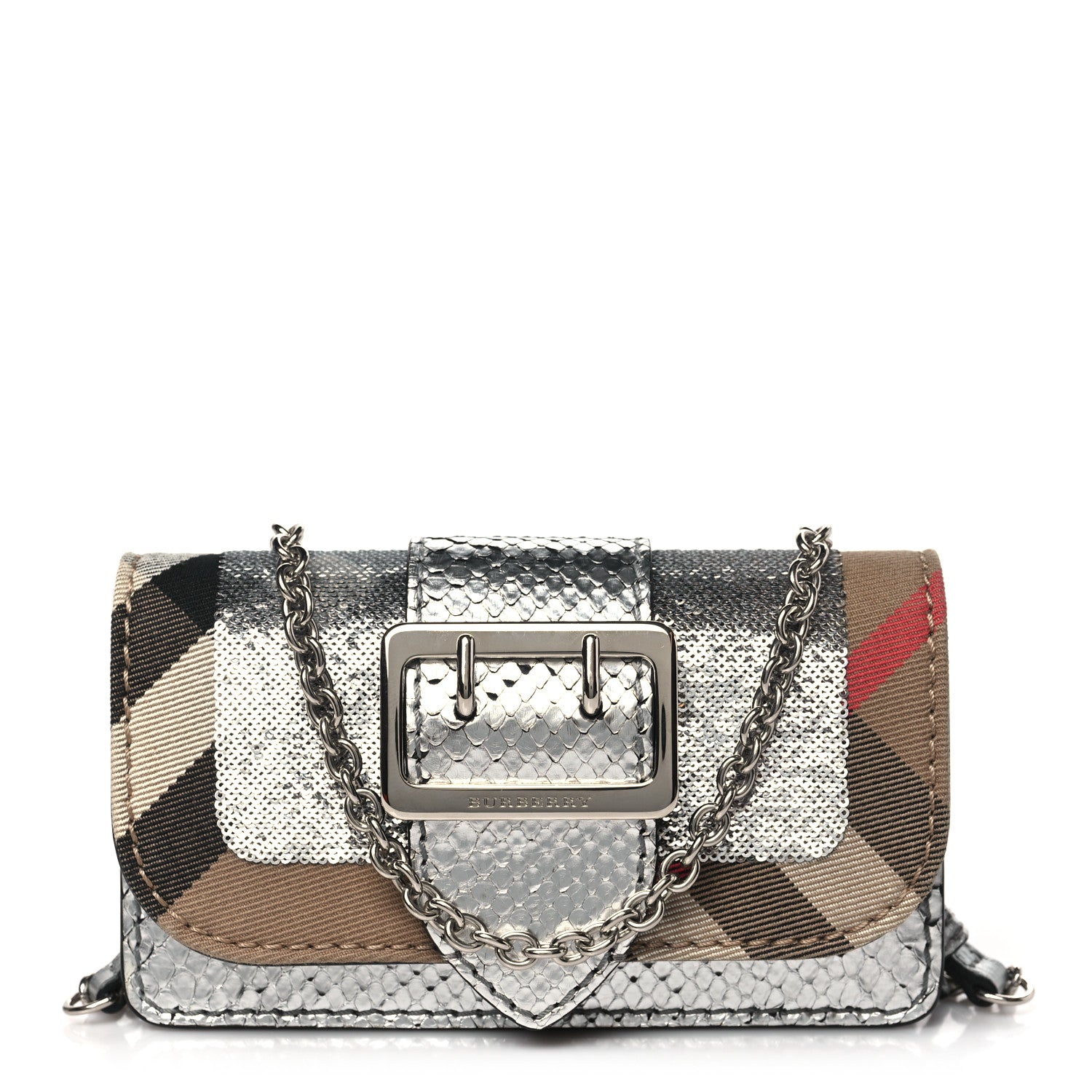 Burberry Metallic Snakeskin House Check Sequin Mini Madison Buckle Bag Silver 1 of 13