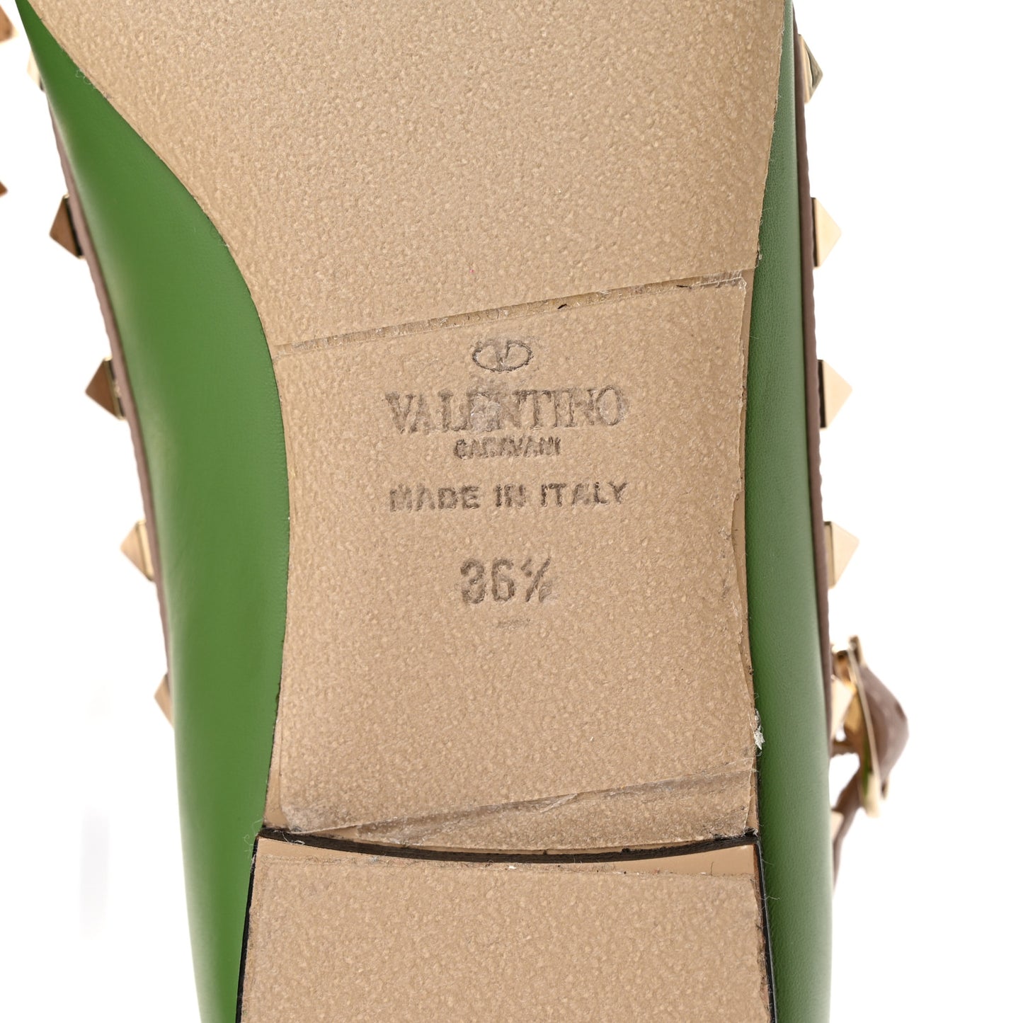 Calfskin Rockstud Cage Ballerina Flats 36.5 Deep Clover Poudre