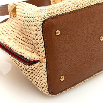 Valentino Garavani Raffia Grained Calfskin Small Rockstud Vlogo Tote Naturale 7 of 8