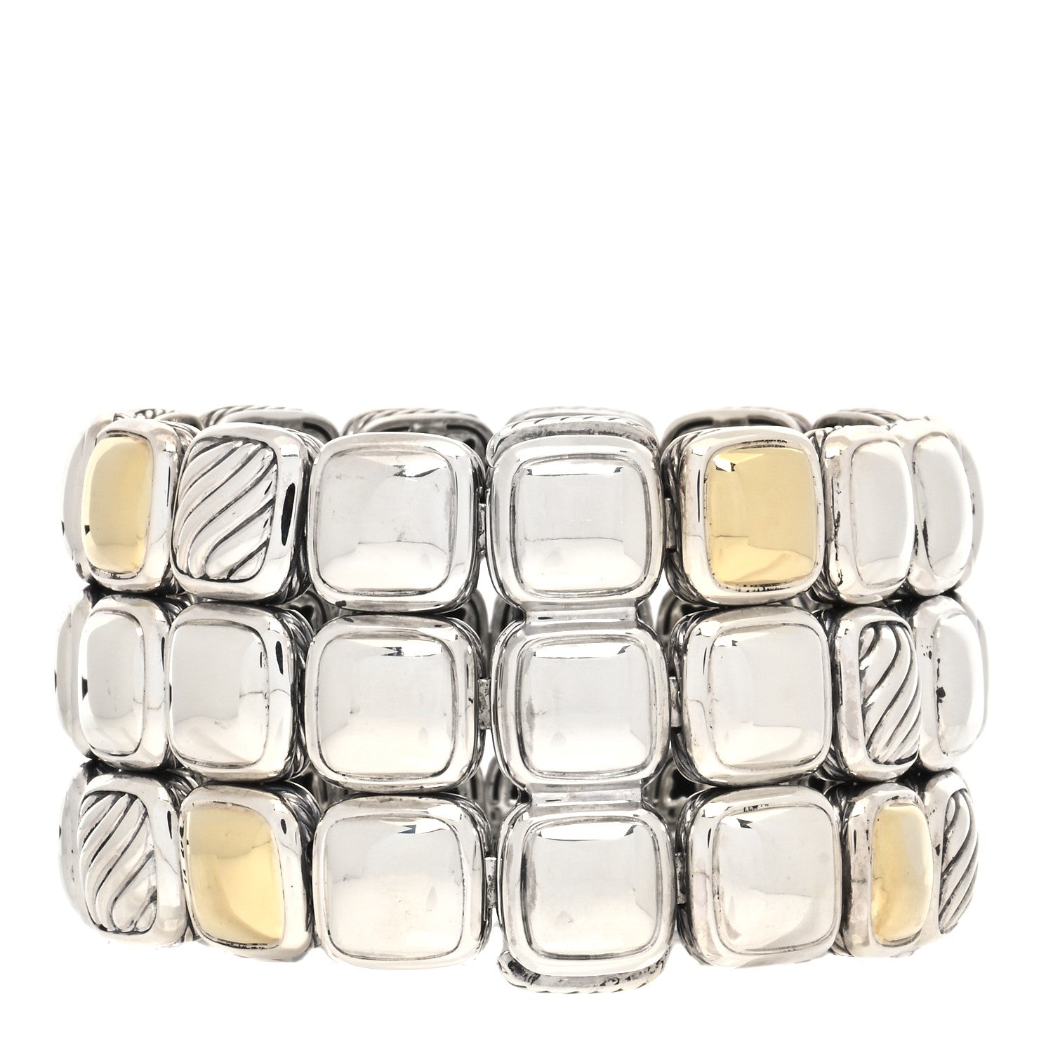 David Yurman Sterling Silver 18K Yellow Gold Chiclet Three Row Bracelet 2 of 5