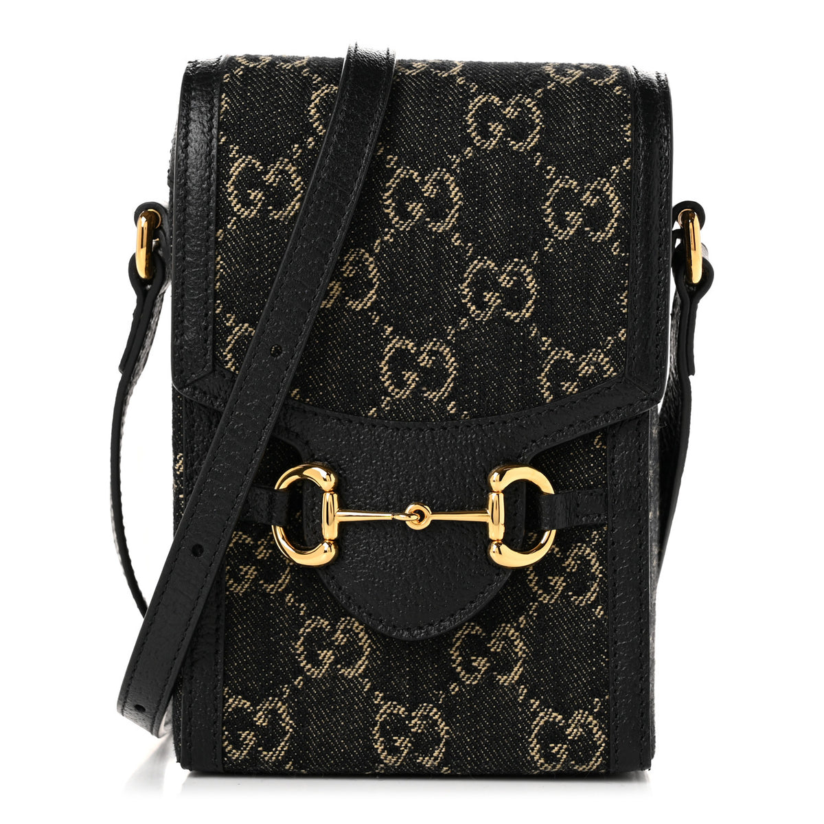 Jacquard Black Denim GG Monogram Textured Dollar Calfskin Mini Horsebit 1955 Crossbody Bag Black Ivory