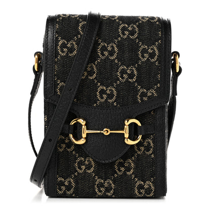 Gucci Jacquard Black Denim GG Monogram Textured Dollar Calfskin Mini Horsebit 1955 Crossbody Bag Black Ivory 1 of 10
