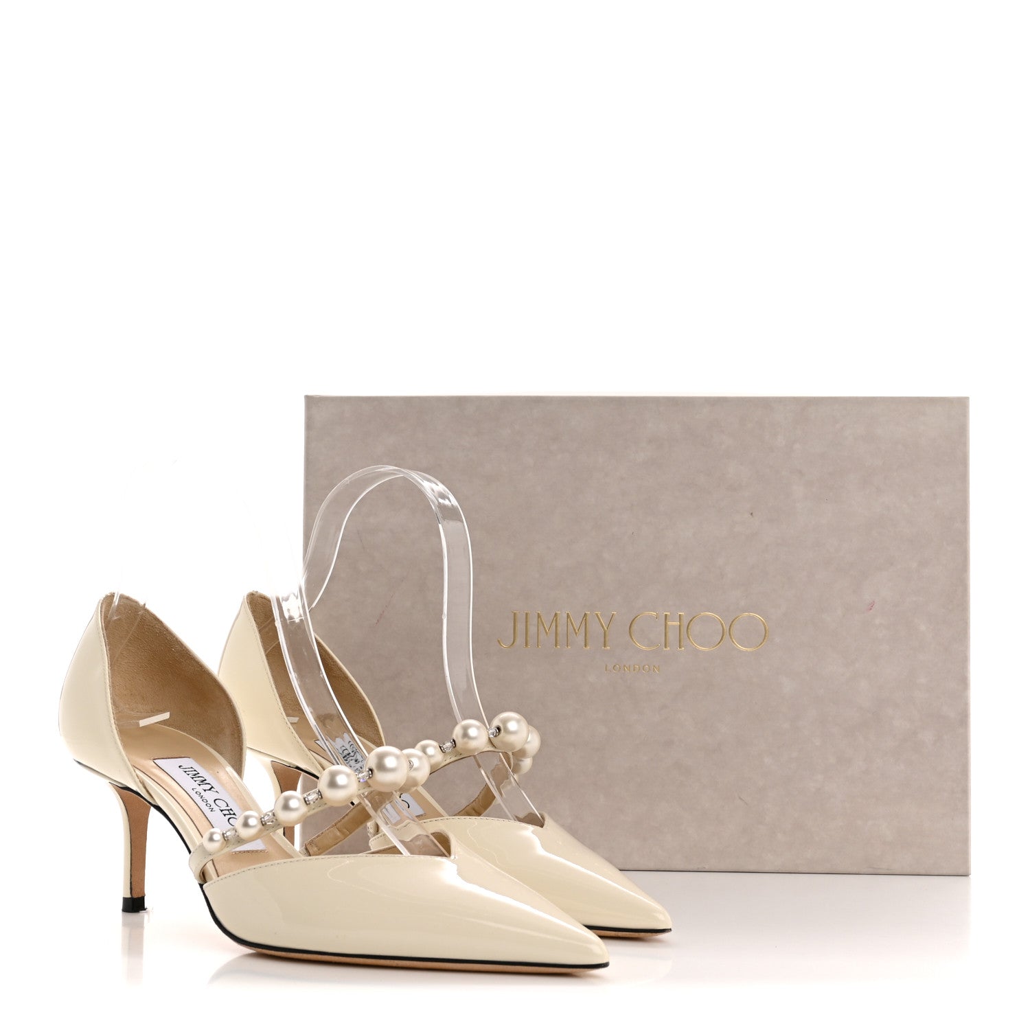 Jimmy Choo Patent Pearl Embellished Aurelie 65 Pumps 37 Latte