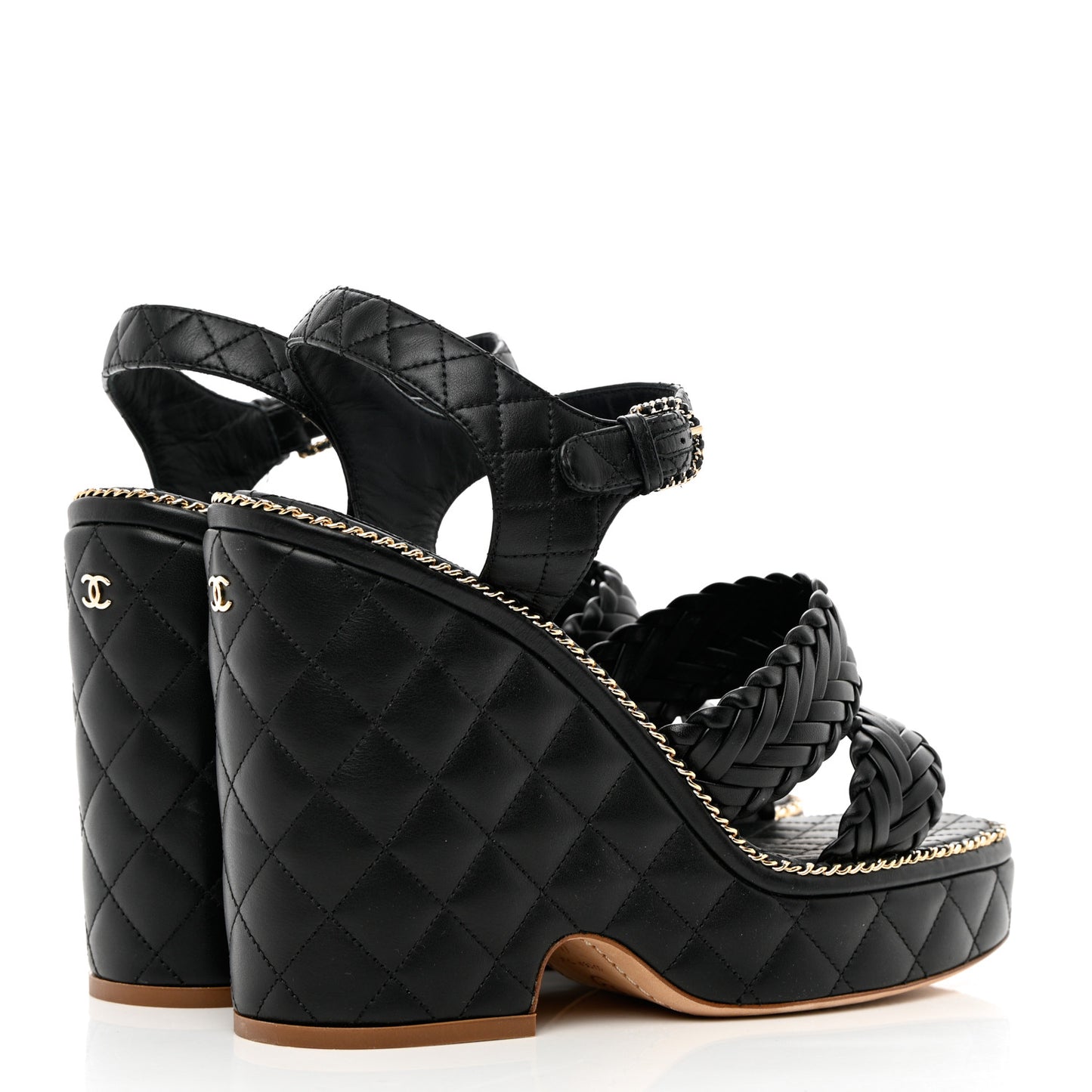 Calfskin Quilted Chain Around Wedge Sandals 41 Black