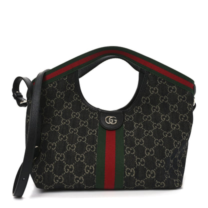 Gucci Denim GG Monogram Web Small Giglio Tote Black Ivory 1 of 10
