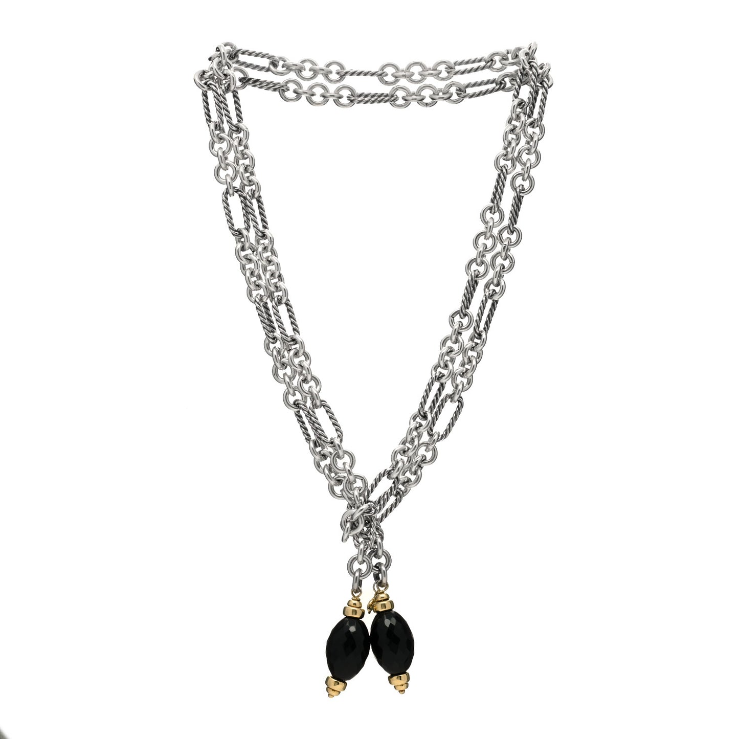 Sterling Silver 18K Yellow Gold Black Onyx Figaro Chain Wrap Necklace