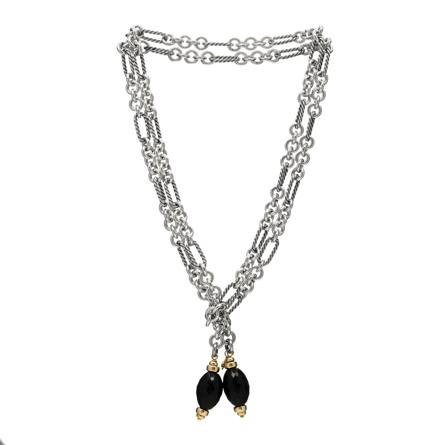 David Yurman Sterling Silver 18K Yellow Gold Black Onyx Figaro Chain Wrap Necklace 2 of 3
