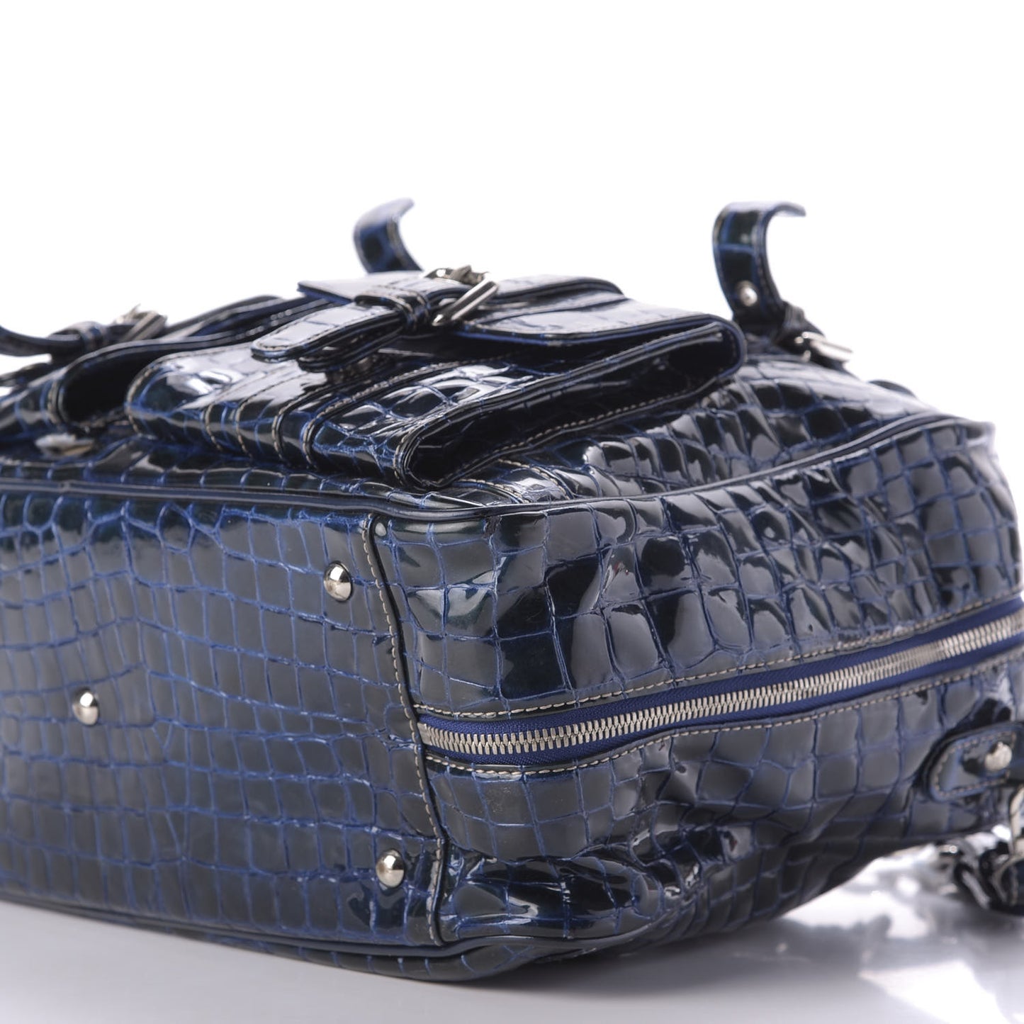 Crocodile Embossed Patent Calfskin Double Pocket Tote Blue