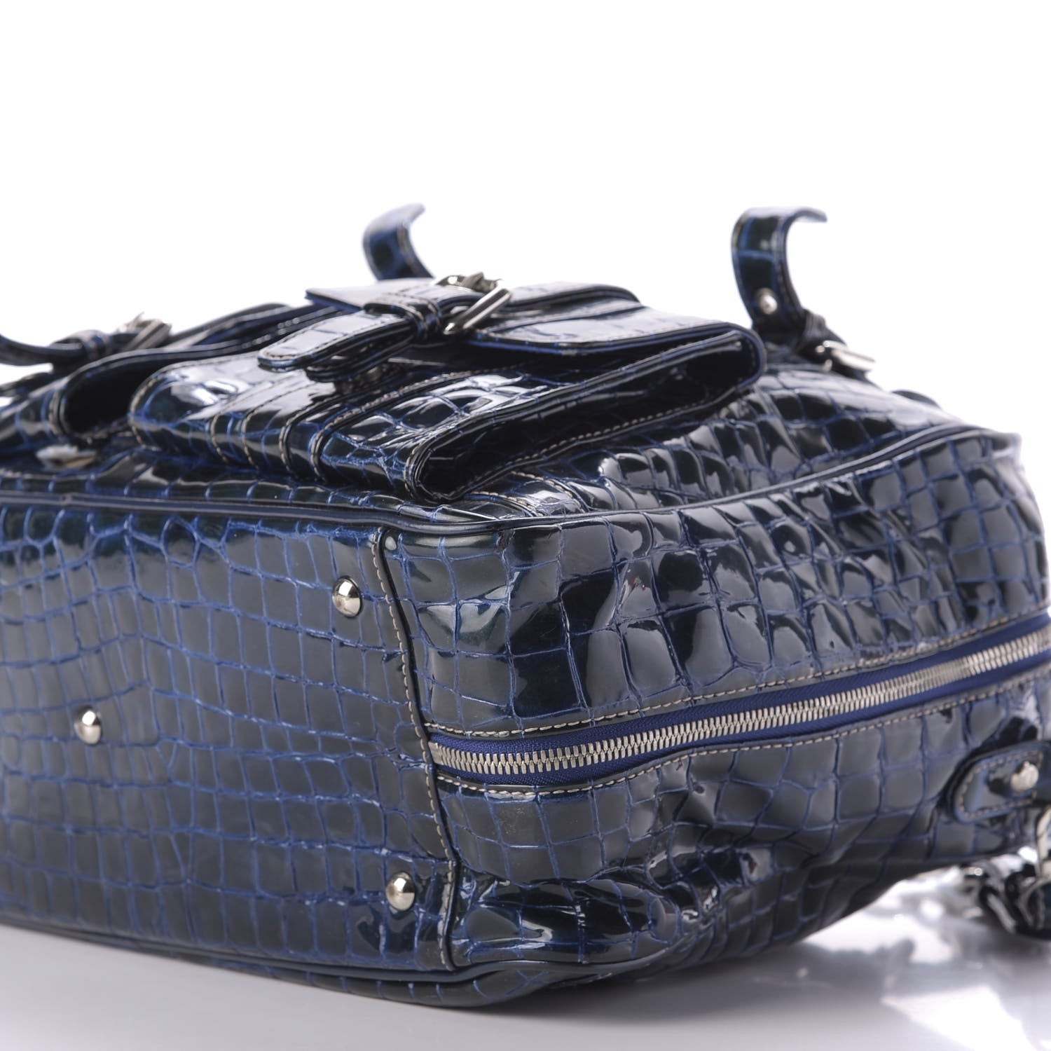 MCM Crocodile Embossed Patent Calfskin Double Pocket Tote Blue 8 of 11