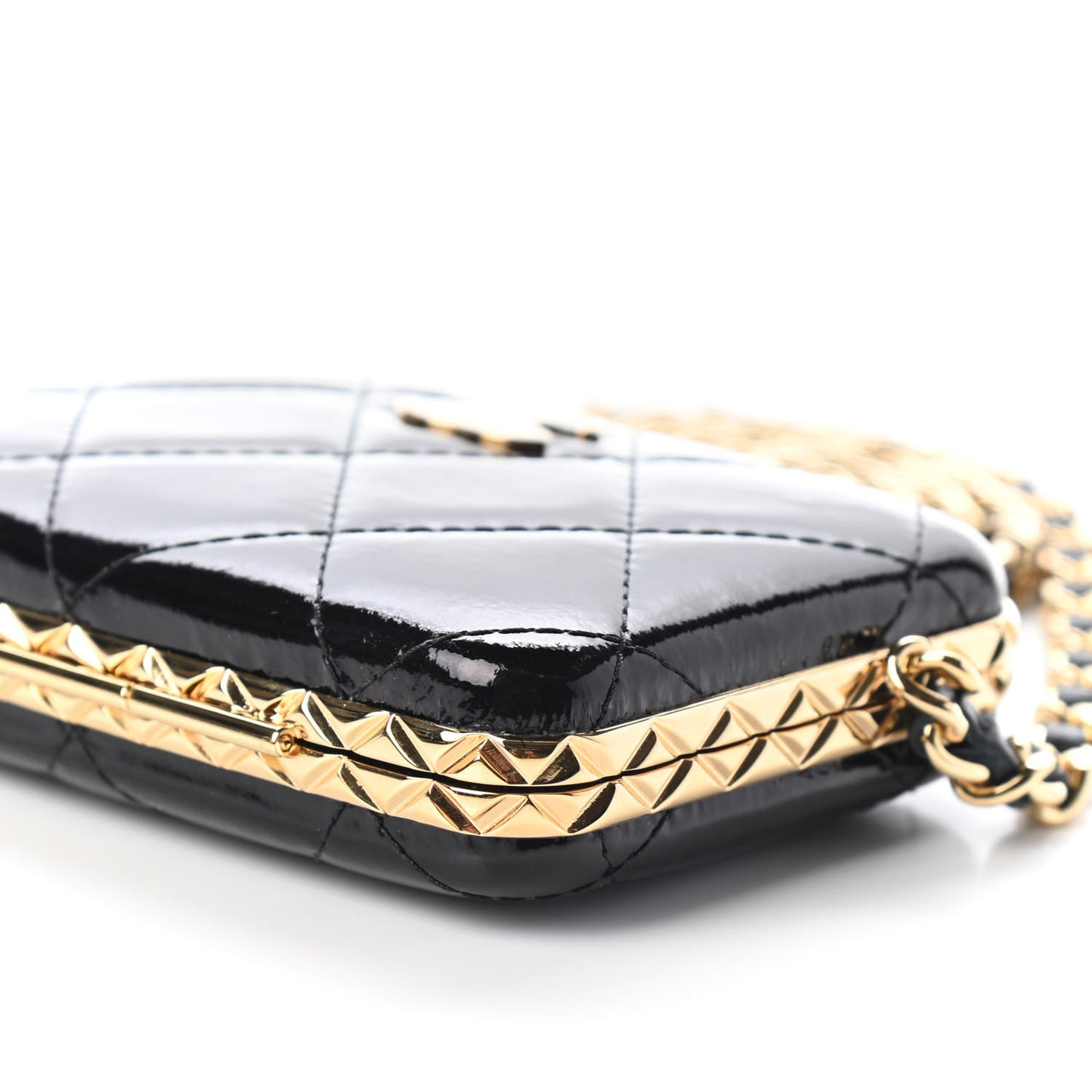 Glazed Goatskin Quilted Small Box With Chain Black
