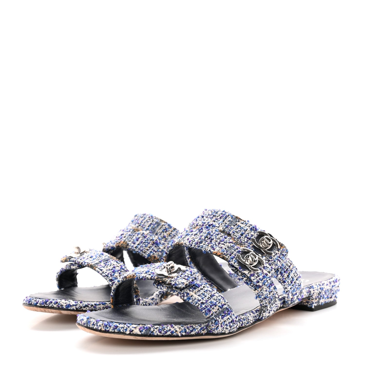 Chanel Tweed Lambskin CC Turnlock Mule Sandals 38 Blue Ecru Grey 3 of 14