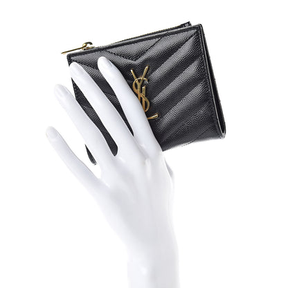 Saint Laurent Grain De Poudre Matelasse Chevron Monogram Zipped Card Case Black 2 of 9