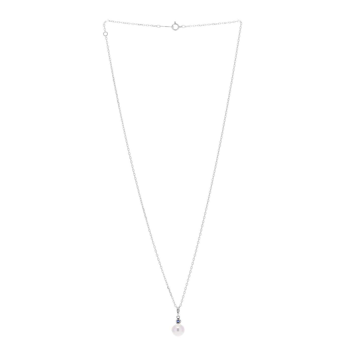 18K White Gold Blue Sapphire Akoya Cultured Pearl 8-8.5mm Pendant Necklace