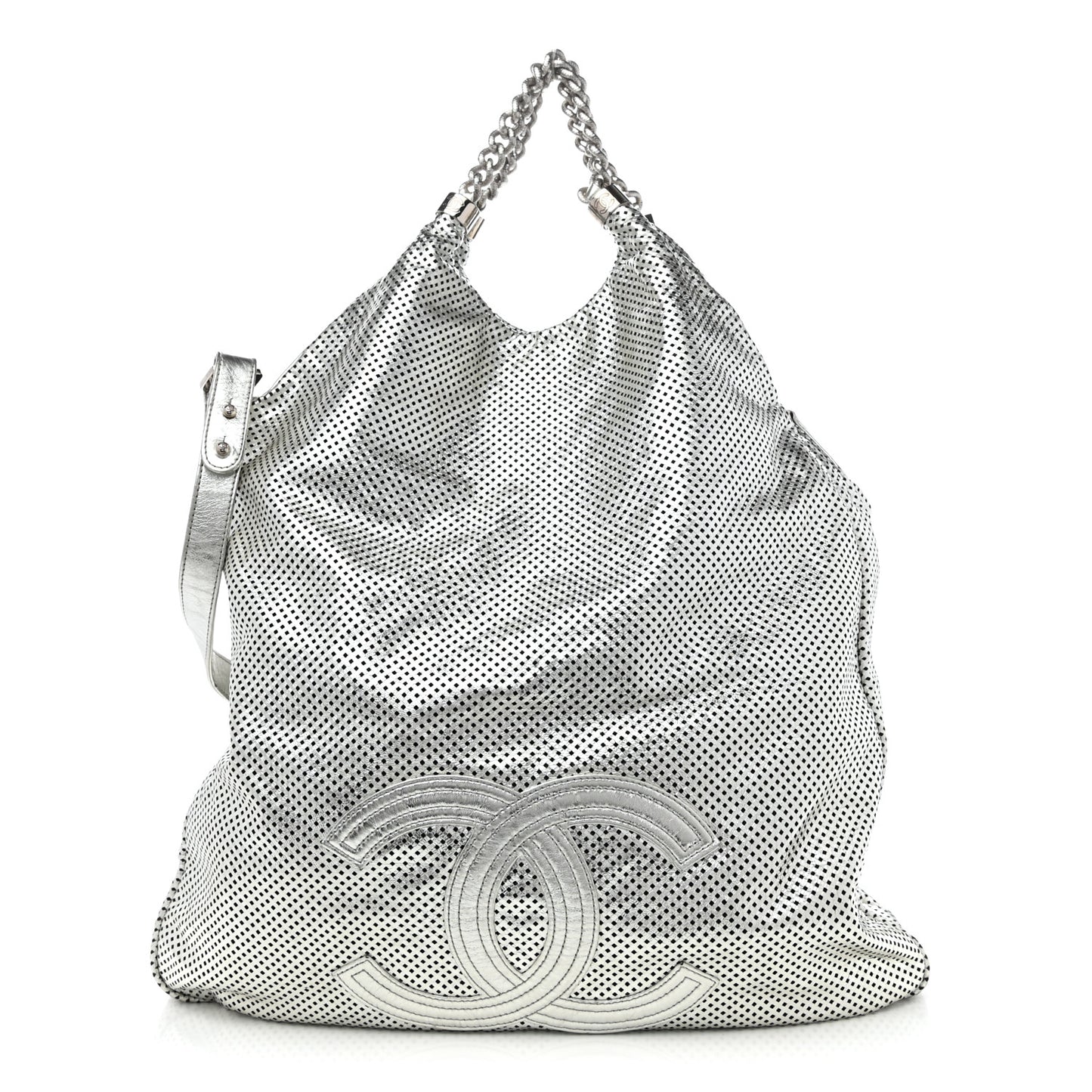 Metallic Glazed Calfskin Perforated Medium Rodeo Drive Tote Silver