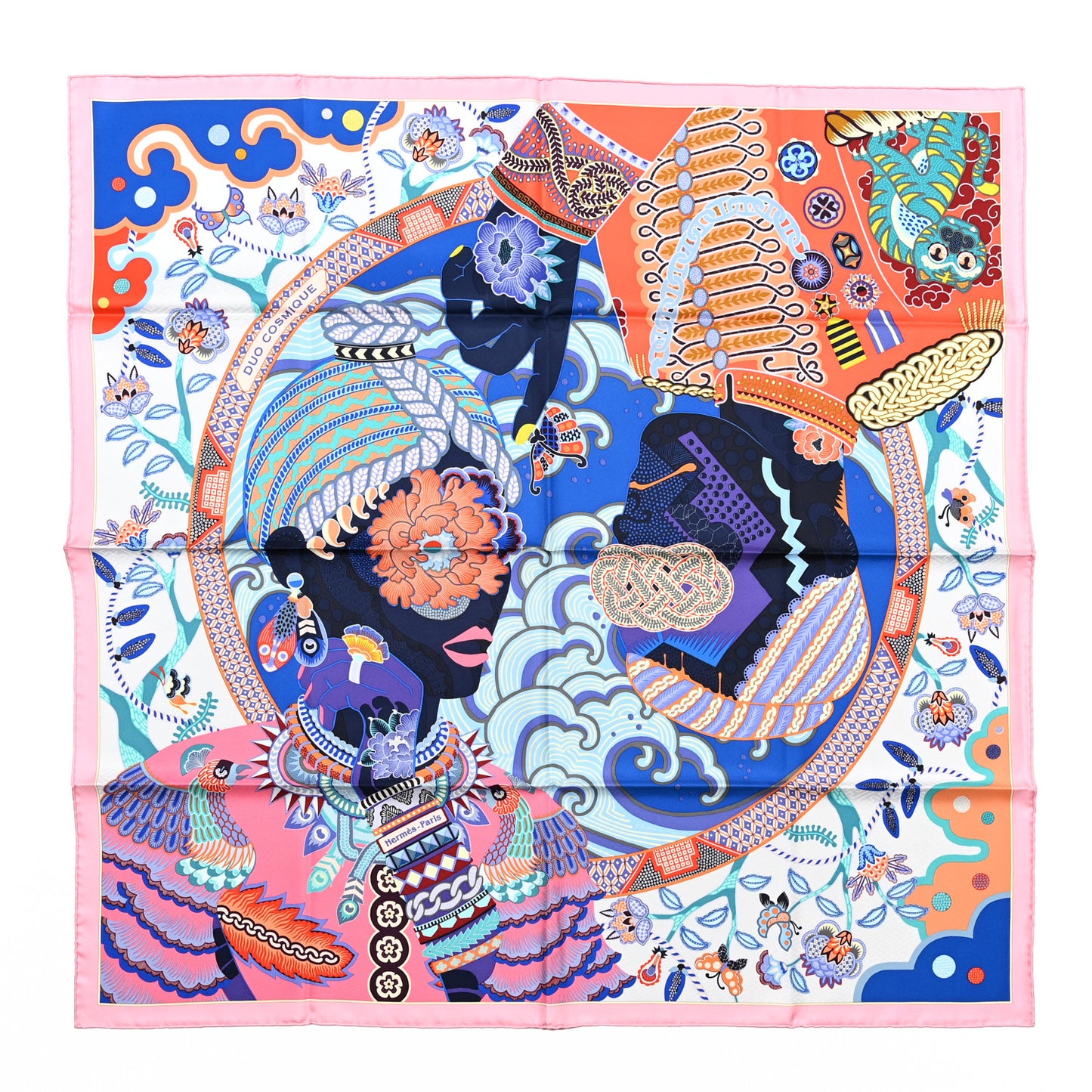 Silk Twill Duo Cosmique Scarf 90 Rose Pale Bleu Orange