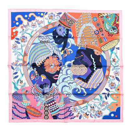 Hermes Silk Twill Duo Cosmique Scarf 90 Rose Pale Bleu Orange 1 of 4