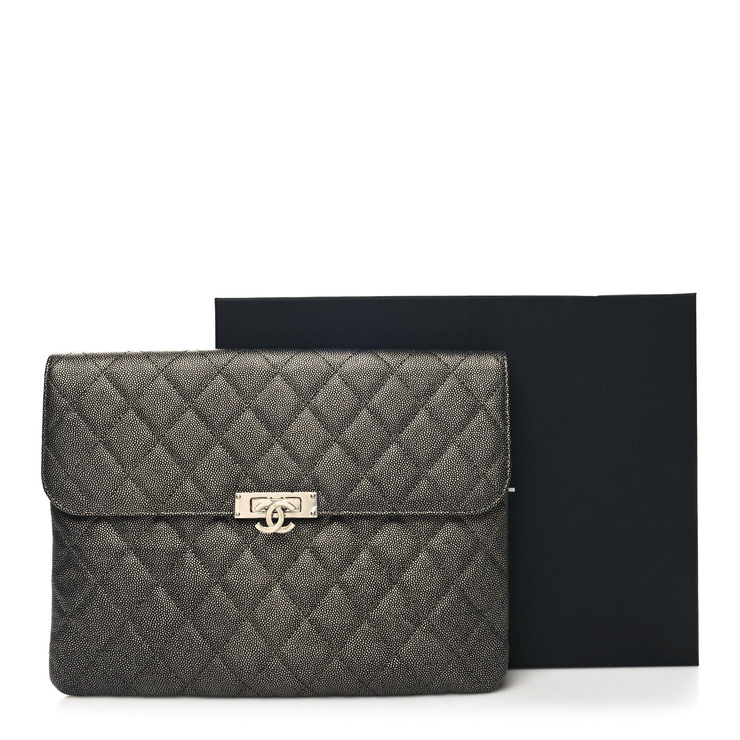 Metallic Caviar Quilted Medium Golden Class Pouch Dark Grey