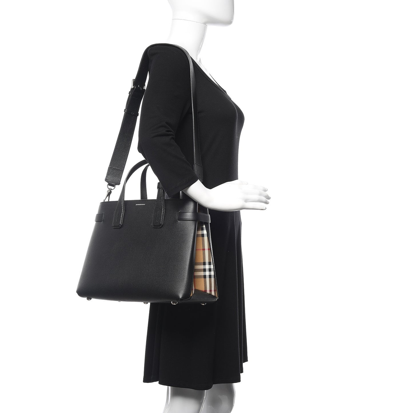 Grainy Calfskin Vintage Check Medium Banner Tote Black