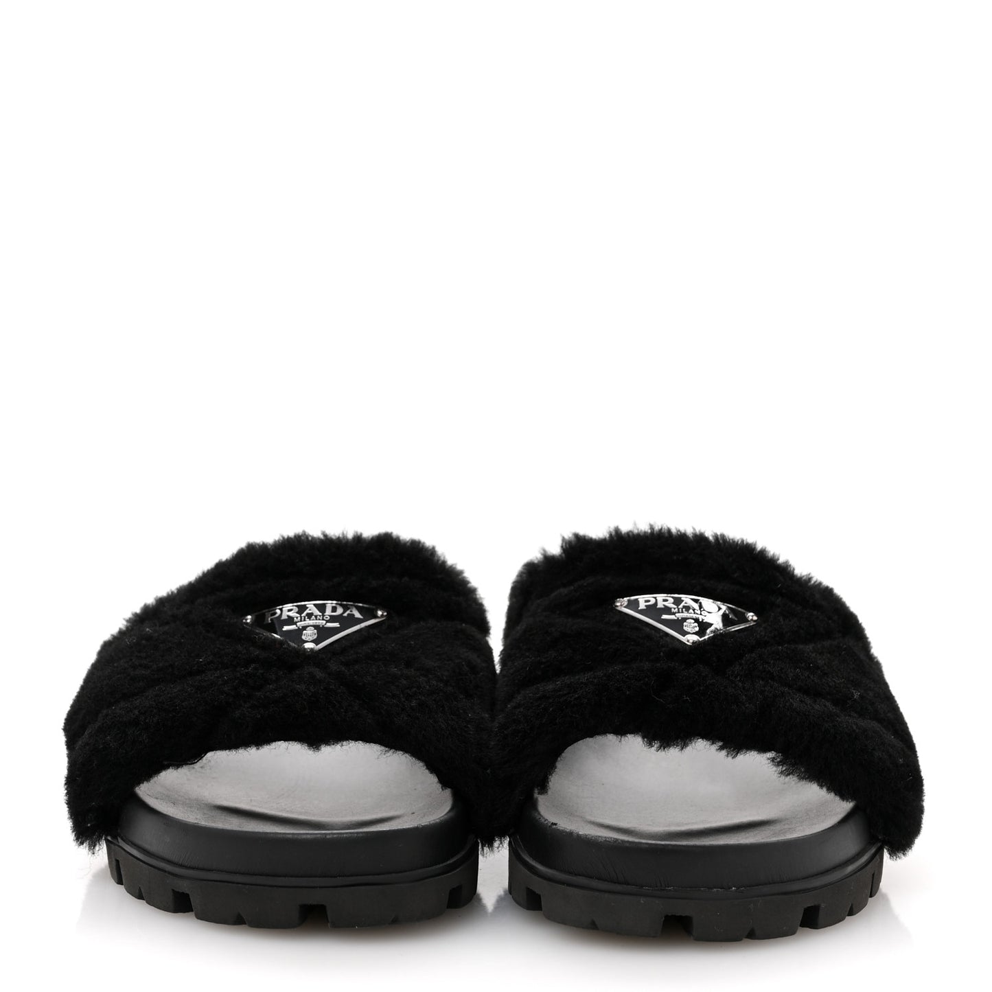 Shearling Metal Triangle Logo Lug Sole 20mm Slide Sandals 36.5 Black