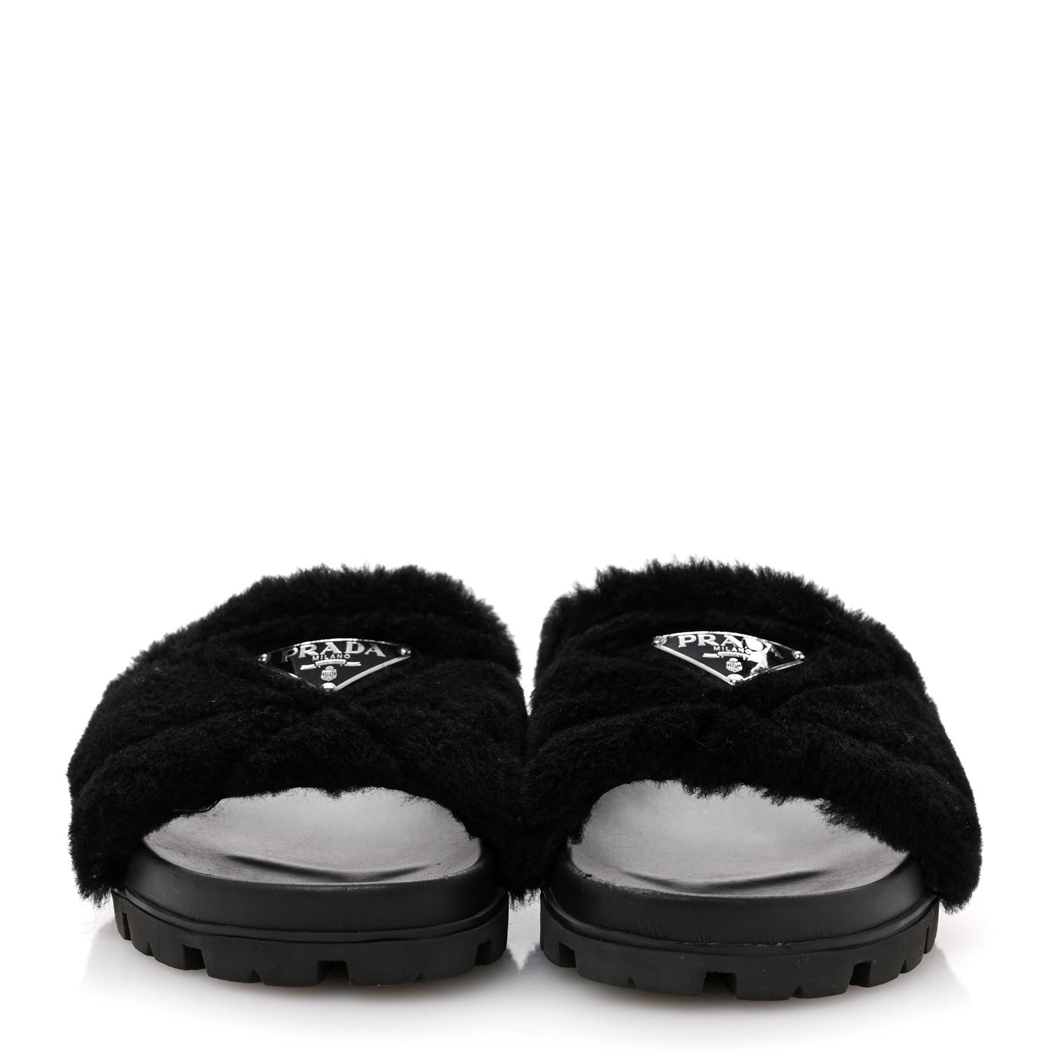 Prada Shearling Metal Triangle Logo Lug Sole 20mm Slide Sandals 36.5 Black 3 of 9
