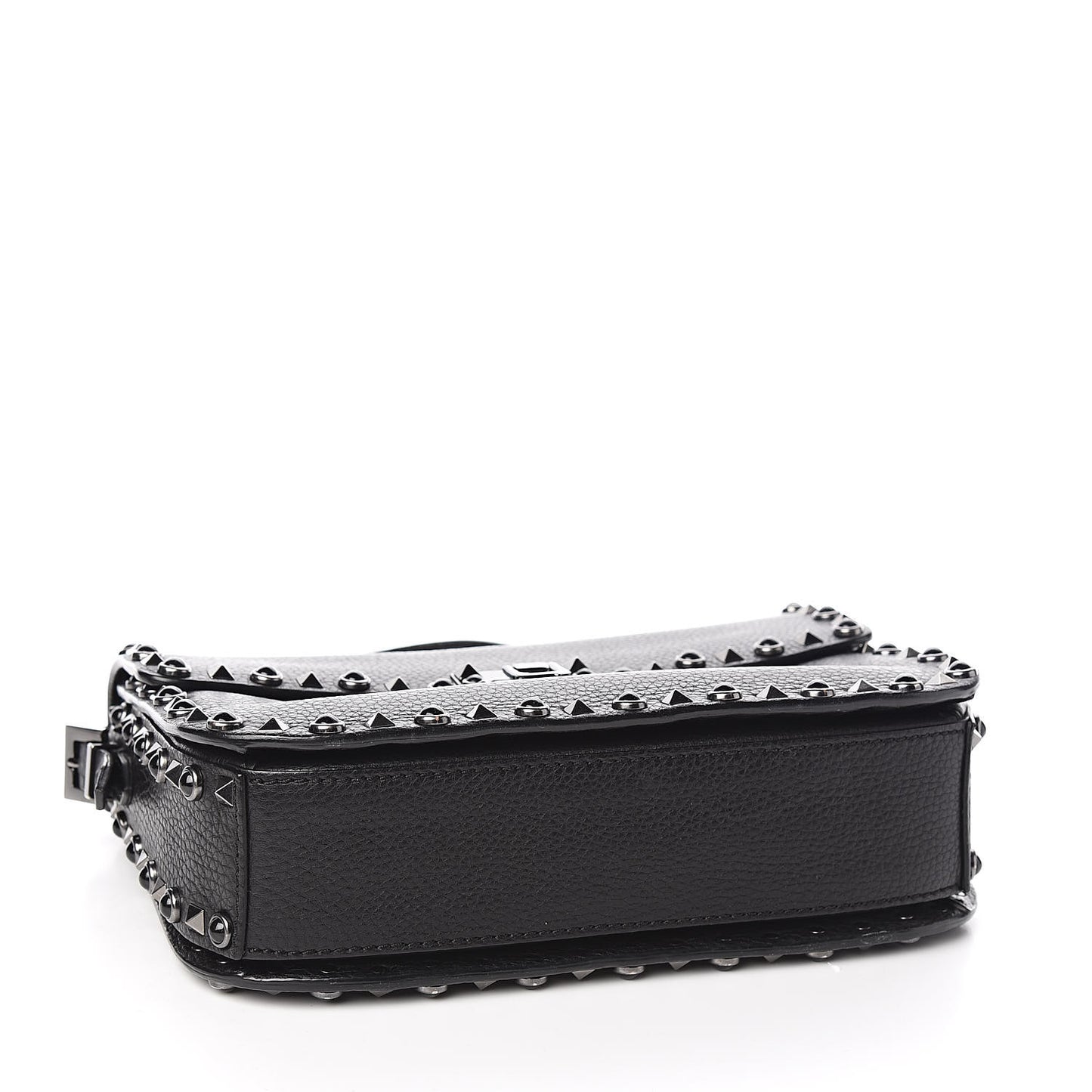 Pebbled Calfskin Onyx Medium Rockstud Rolling Flap Saddle Bag Black