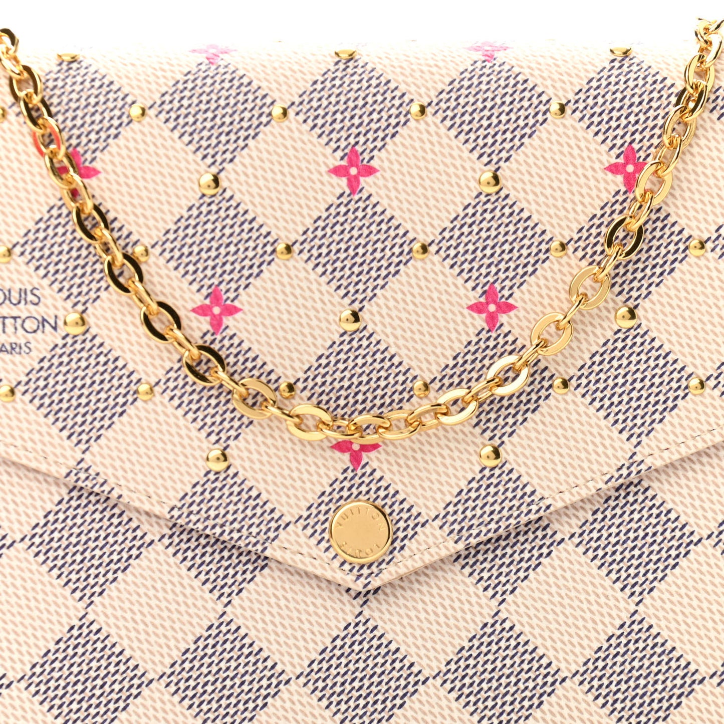Damier Azur Studded Pochette Felicie Chain Wallet Fuchsia