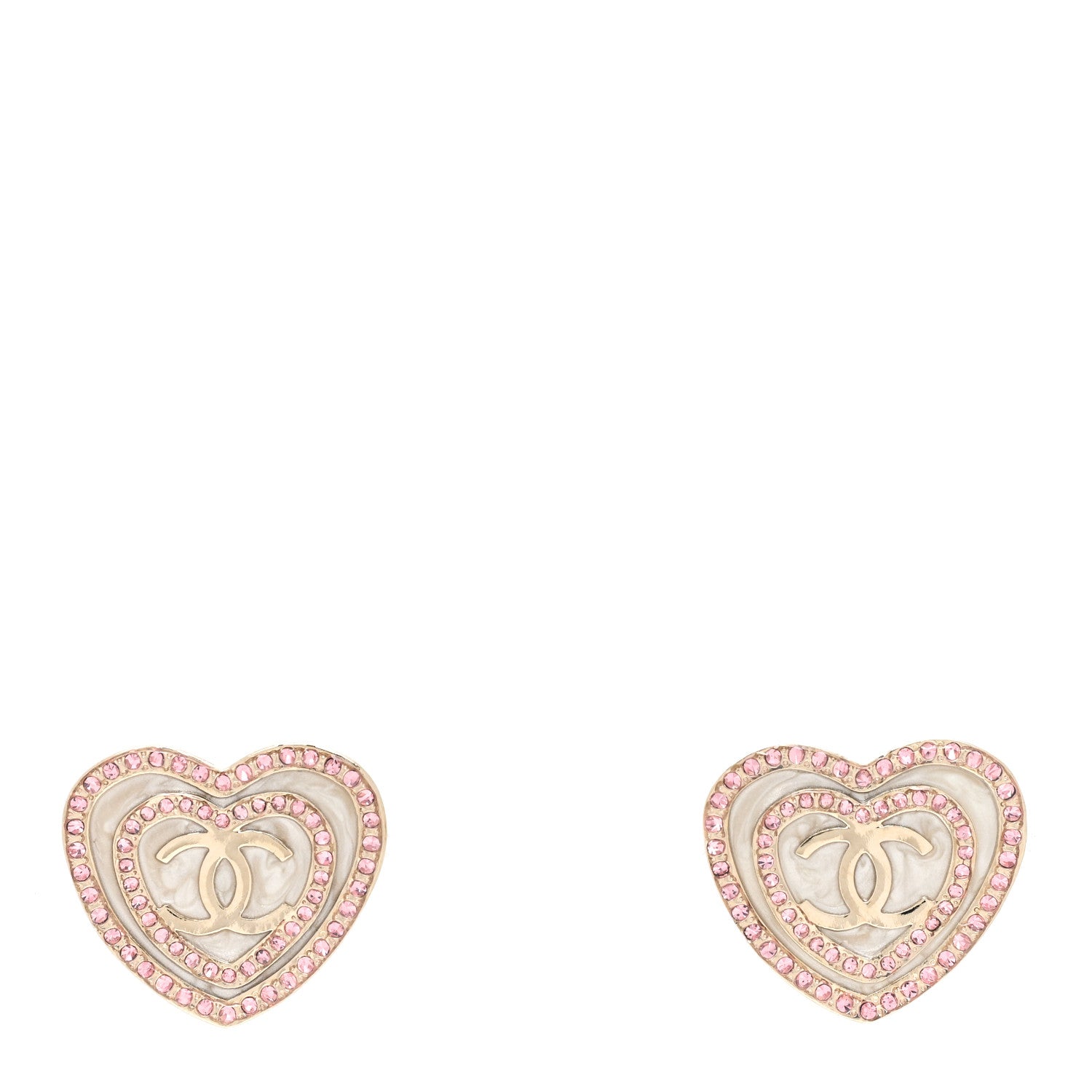 Chanel Crystal CC Resin Heart Earrings Gold Pink White 1 of 5