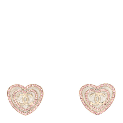 Chanel Crystal CC Resin Heart Earrings Gold Pink White 1 of 5