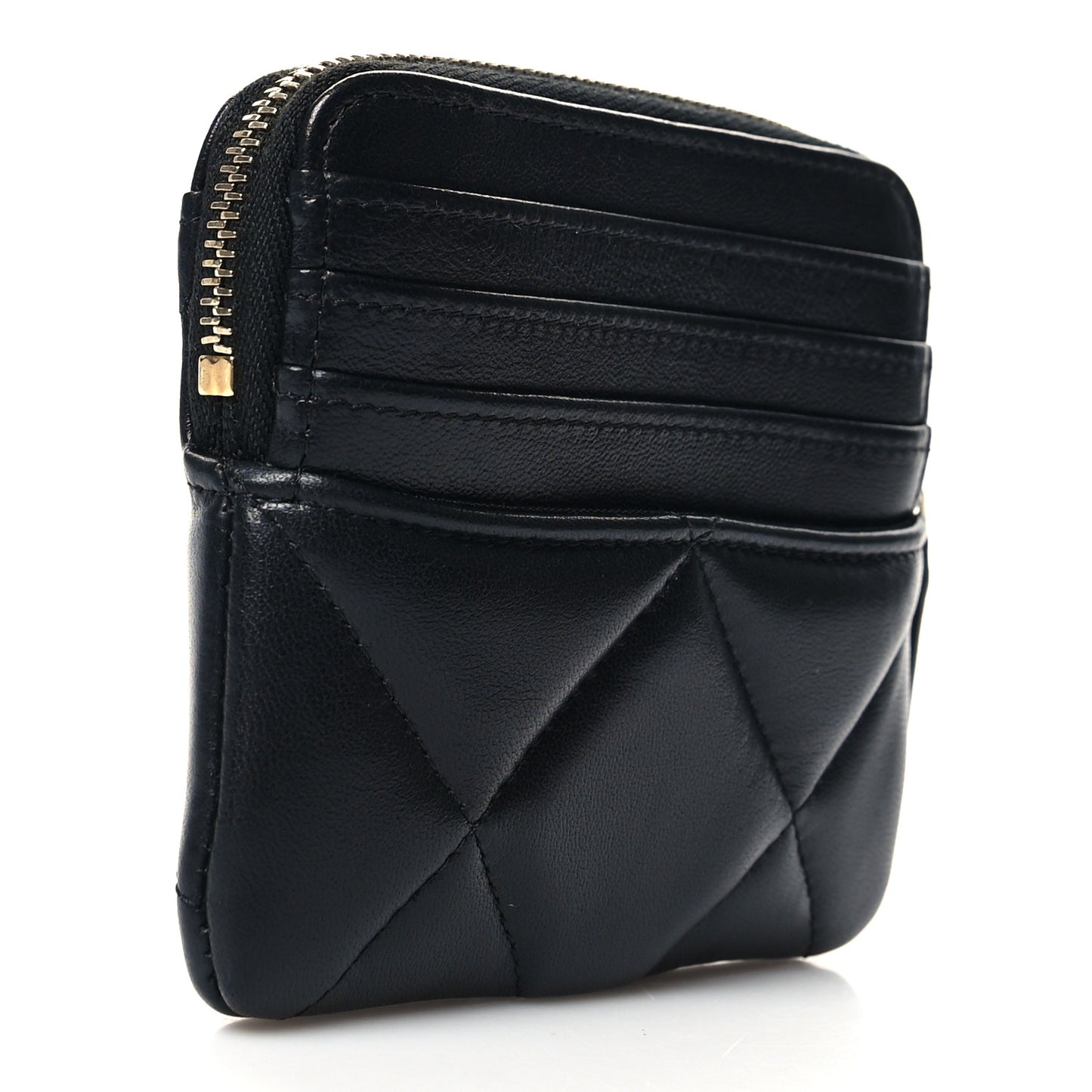 Lambskin Quilted Chanel 19 Zip Card Holder Wallet Black