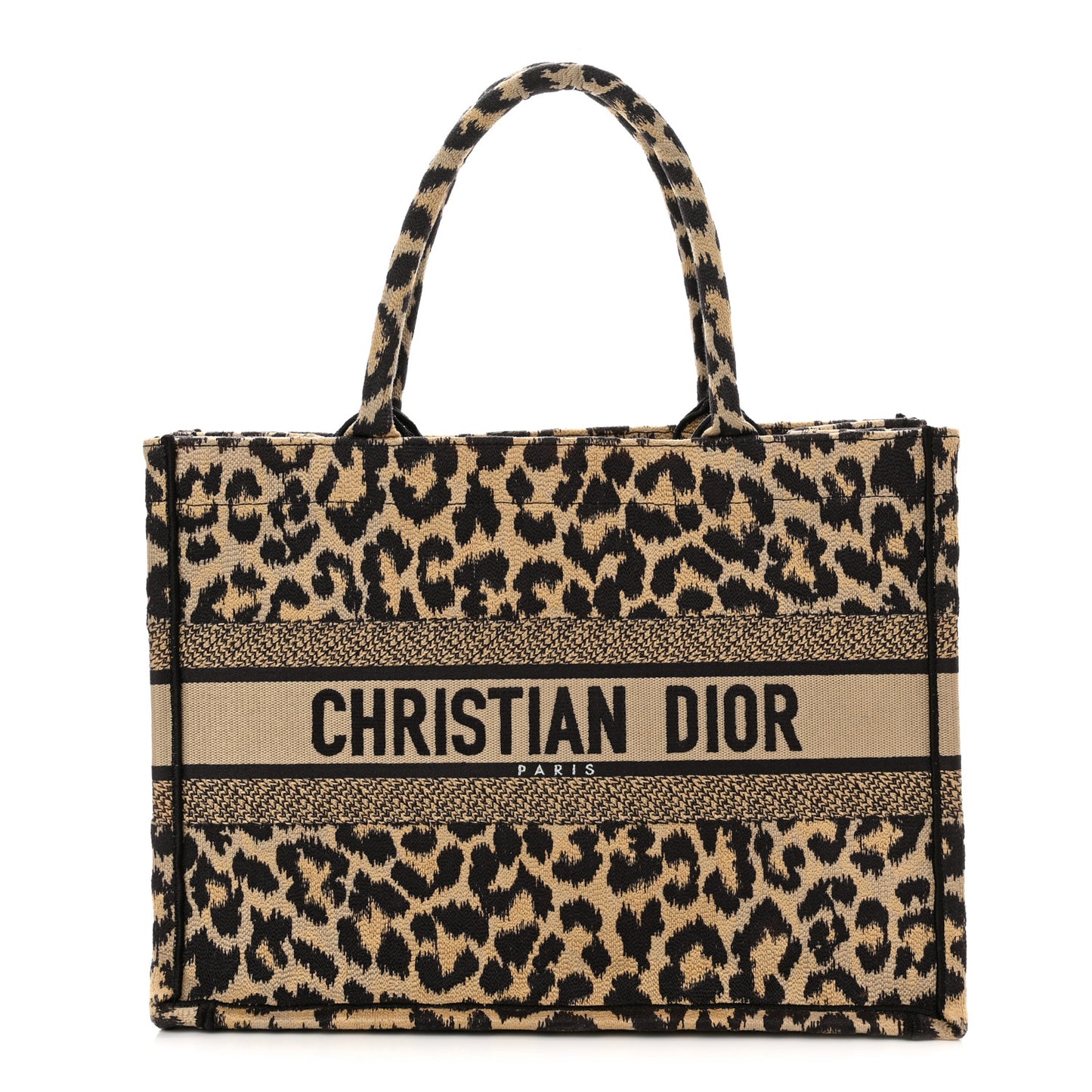 Canvas Mizza Embroidered Medium Leopard Book Tote Beige