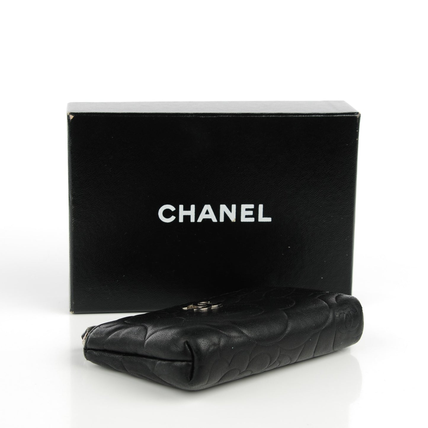 Lambskin Camellia Embossed Key Holder Case Black