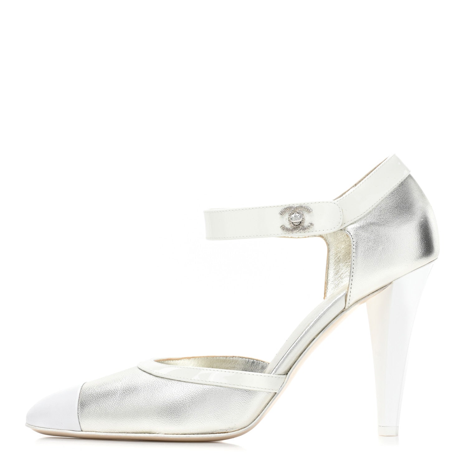 Chanel Laminated Lambskin Patent Cap Toe CC Turn-Lock Pumps 40 Silver White 1 of 13