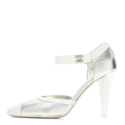Chanel Laminated Lambskin Patent Cap Toe CC Turn-Lock Pumps 40 Silver White 1 of 13