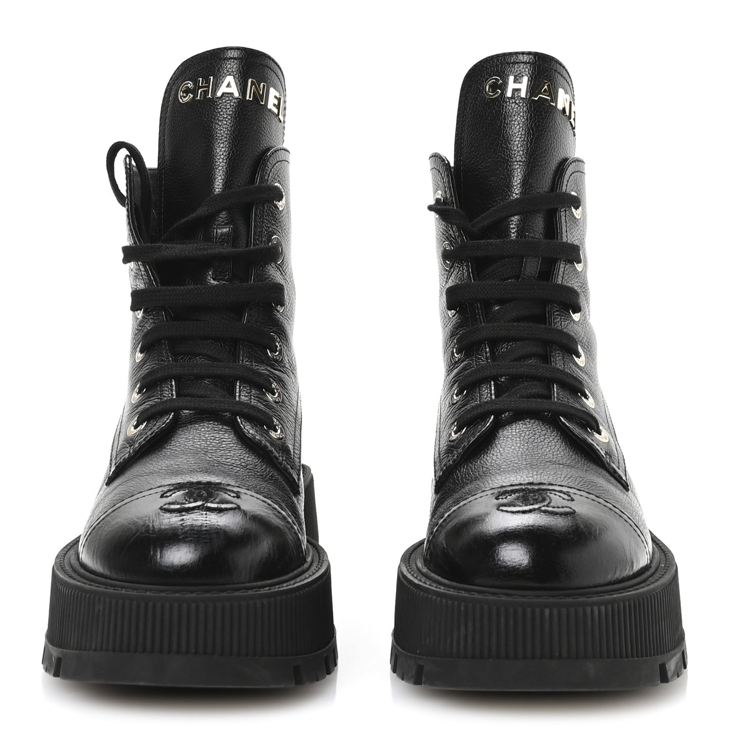 Grained Calfskin Shiny Calfskin CC Lace Up Combat Boots 39 Black